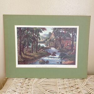 VTG Green Matted CURRIER & IVES Print Calendar Topper Mill River Scenery 1958